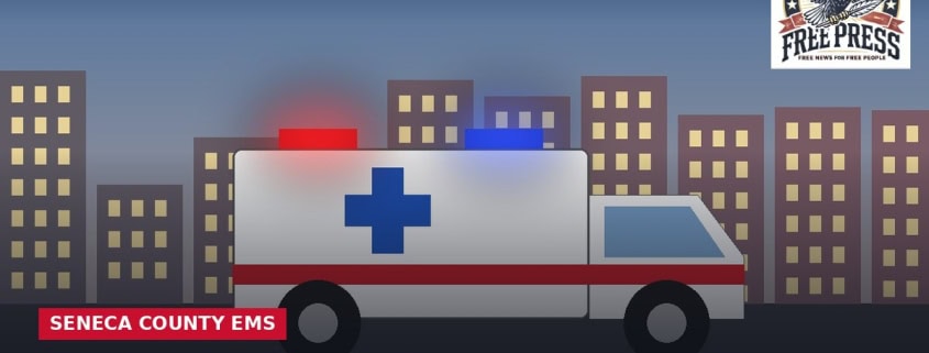 Illustration of a white ambulance with red and blue lights on a city street, with headline: New Leadership for Seneca County EMS